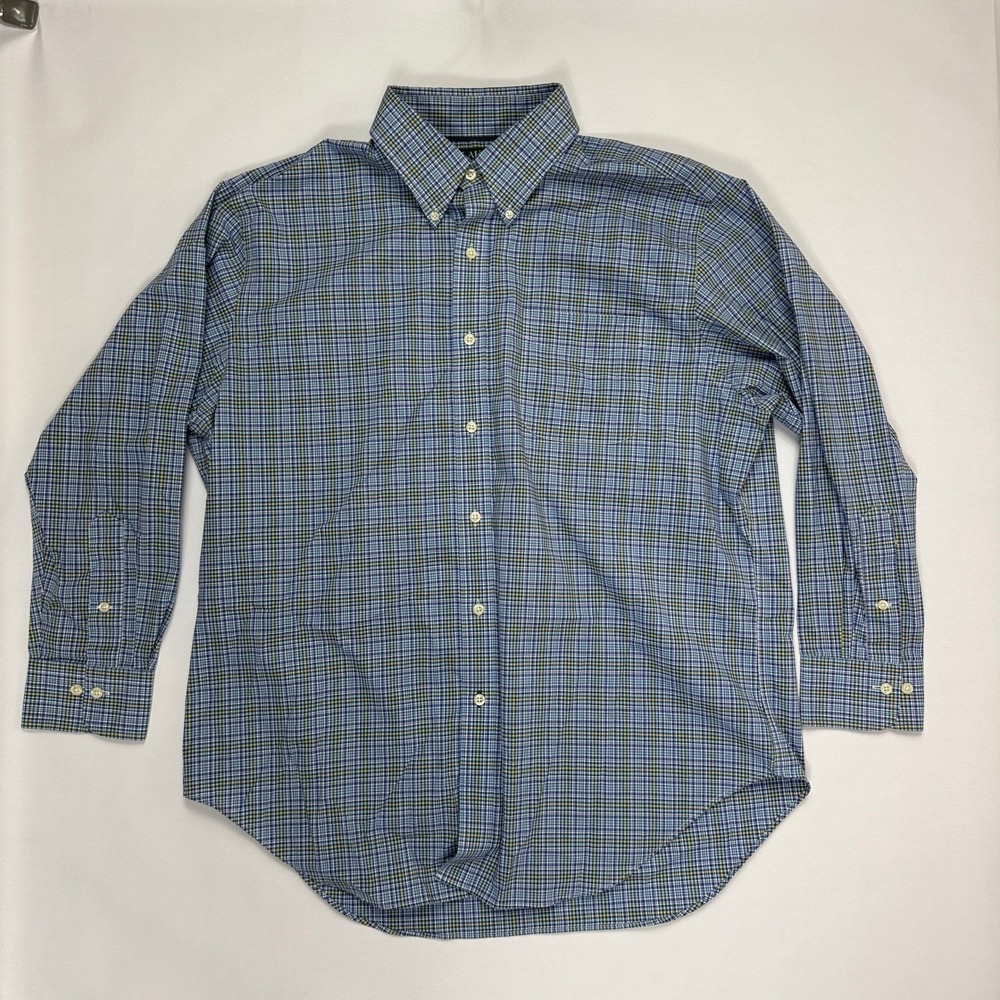 Lauren Ralph Lauren Mens 17 32/33 Classic Fit Stretch Non Iron Plaid Shirt Blue